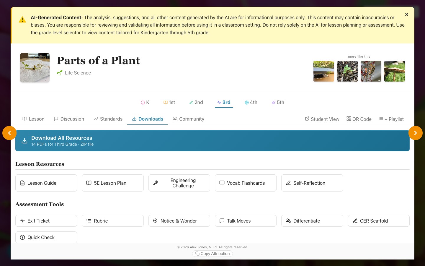 Downloads tab showing a blue Download All Resources button for 14 PDFs as ZIP, then individual tiles for Lesson Guide, 5E Lesson Plan, Engineering Challenge, Vocab Flashcards, Self-Reflection, Exit Ticket, Rubric, Notice and Wonder, Talk Moves, Differentiate, CER Scaffold, and Quick Check